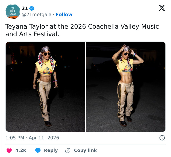 Teyana Taylor showing toned abs in stylish outfit at 2026 Coachella Valley Music and Arts Festival at night.