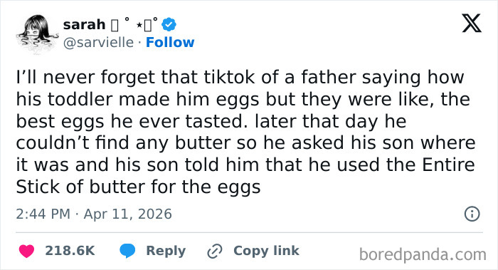 A tweet by Sarah sharing a funny story about a toddler using a whole stick of butter in eggs. Hilarious tweets.