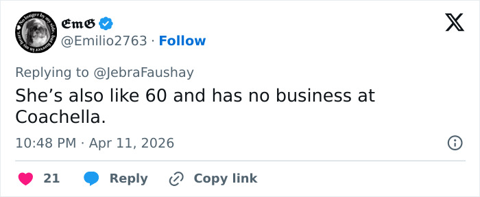 Tweet criticizing Heidi Klum&rsquo;s age and presence at Coachella 2026 amid her unrecognizable alter ego look.