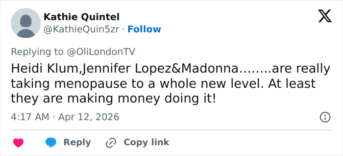 Tweet discussing Heidi Klum&rsquo;s unrecognizable Coachella 2026 look, highlighting her alter ego and impact on fans.