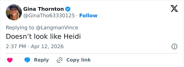 Tweet by Gina Thornton questioning Heidi Klum's unrecognizable Coachella 2026 look with an alter ego activated.