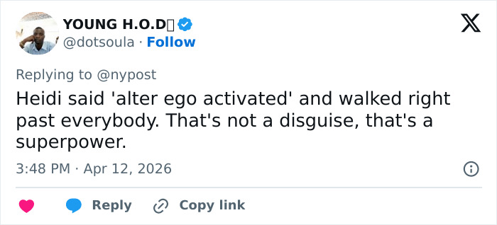 Tweet text showing a fan praising Heidi Klum&rsquo;s unrecognizable alter ego look at Coachella 2026 as a superpower.