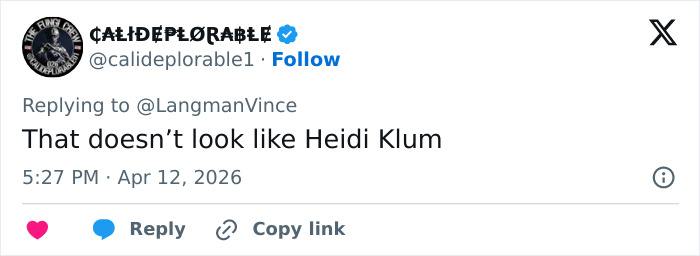 Fan reacts to Heidi Klum's unrecognizable Coachella 2026 look showcasing her alter ego activated style.