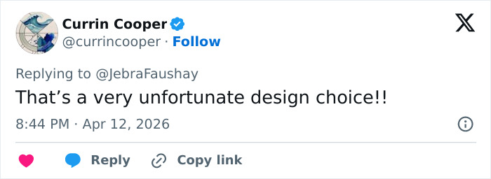 Tweet by Currin Cooper responding to design choice with a comment at Coachella 2026 event discussion.