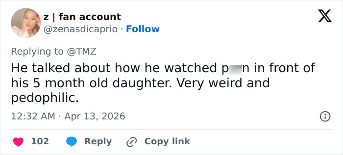 Tweet criticizing Pete Davidson for joking about watching adult content in front of his young daughter, sparking online debate.