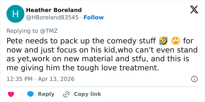 Tweet discussing Pete Davidson&rsquo;s comedy and his focus on parenting after having a daughter sparking debate online.