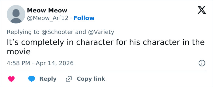 Tweet by user Meow Meow replying to Variety, discussing character portrayal related to Lena Dunham and Adam Driver on Girls set.