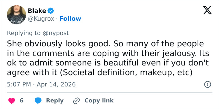 Screenshot of a social media comment discussing beauty and societal standards, related to Coachella guest viral moment.