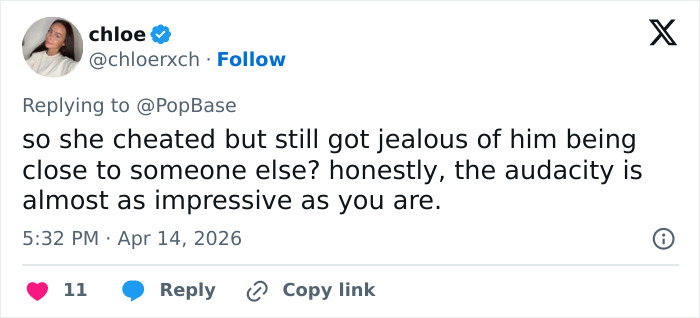 Tweet by chloe criticizing Lena Dunham's cheating, highlighting jealousy and audacity in a social media discussion on Peak Main Character Syndrome.