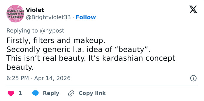 Screenshot of a tweet discussing beauty standards in response to Coachella guest going viral as most beautiful girl alive.
