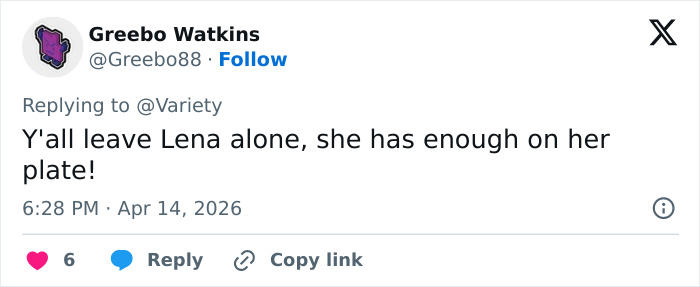 Tweet from user Greebo Watkins defending Lena Dunham amid accusations involving Adam Driver from Girls set, timestamped April 14, 2026.