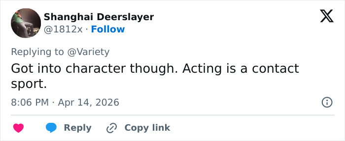 Tweet by Shanghai Deerslayer replying to Variety, discussing acting as a contact sport with reference to Lena Dunham and Adam Driver.