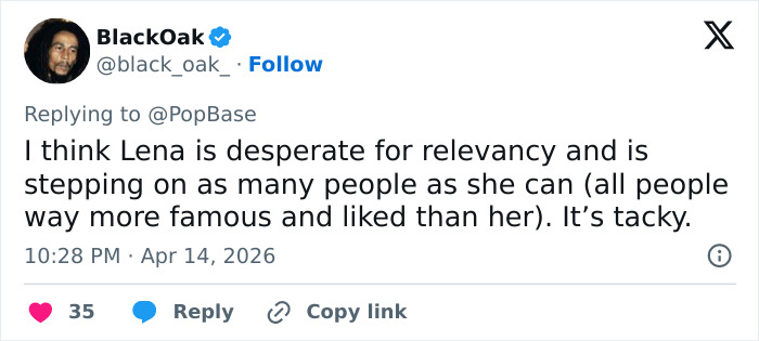 Tweet criticizing Lena Dunham for peak main character syndrome, accusing her of seeking relevancy and being tacky.