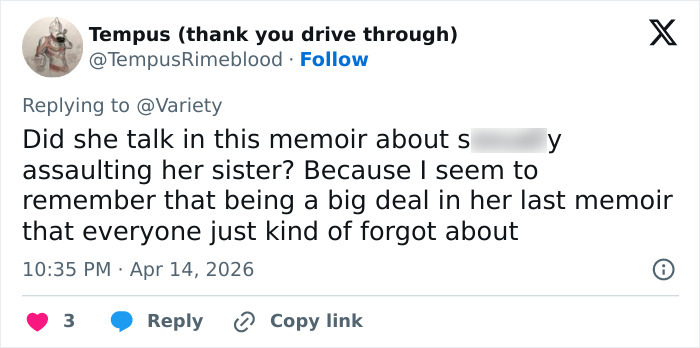 Screenshot of a tweet questioning Lena Dunham&rsquo;s memoir, mentioning allegations and main character syndrome controversy.