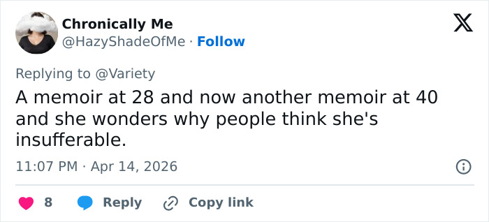 Tweet criticizing Lena Dunham's perceived main character syndrome after revealing reasons for cheating on her husband.