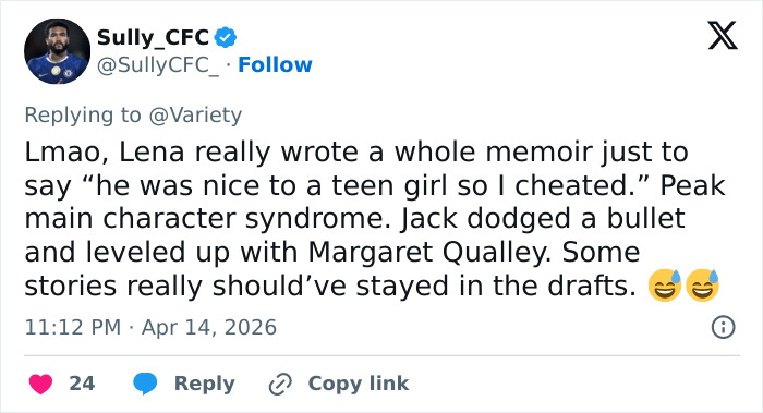 Screenshot of a social media post criticizing Lena Dunham, mentioning peak main character syndrome and relationship controversy.