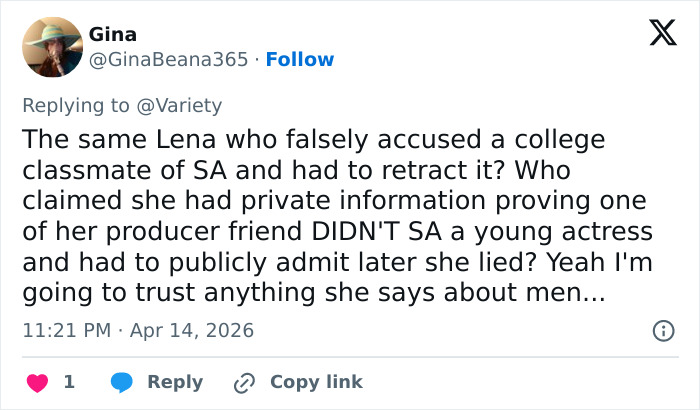 Tweet criticizing Lena Dunham&rsquo;s past false accusations, discussing disturbing accusations against Adam Driver on Girls set.