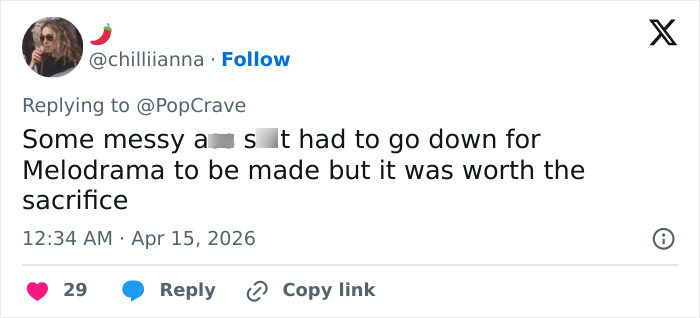 Tweet screenshot discussing controversial Melodrama creation, highlighting peak main character syndrome in public reactions.