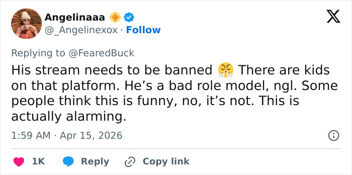 Screenshot of a tweet discussing Looksmaxxer Clavicular&rsquo;s disturbing livestream incident and calls for banning the stream.