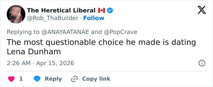 Screenshot of a tweet criticizing Lena Dunham, referencing peak main character syndrome in a dating context.