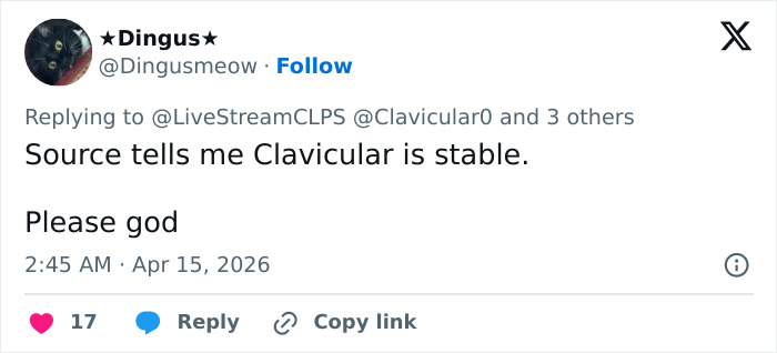Tweet from user Dingus mentioning Clavicular's stable condition after a disturbing livestream incident, expressing hope.