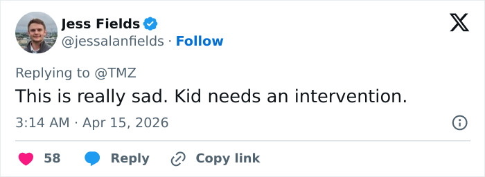 Jess Fields replying to TMZ on social media about Looksmaxxer hospitalized after disturbing livestream incident.