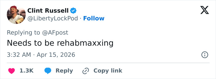 Looksmaxxer responding to an incident on livestream with a comment about rehabmaxxing on social media platform.