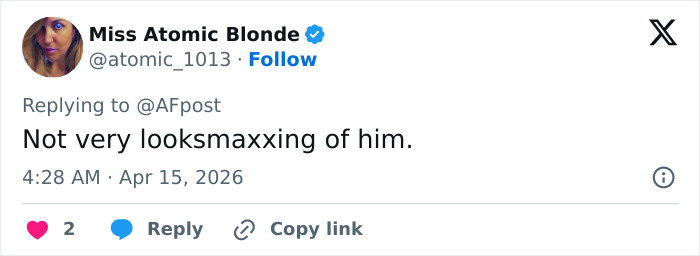 Tweet from Miss Atomic Blonde replying about looksmaxxing, referencing Looksmaxxer clavicular hospitalized after incident on livestream.