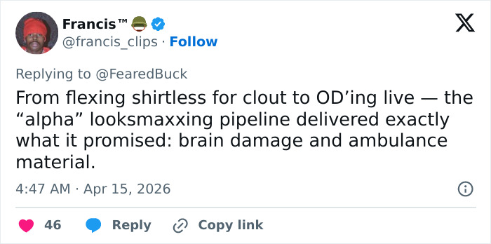 Tweet screenshot of user discussing a looksmaxxer hospitalized after a disturbing incident during a livestream with brain damage and ambulance call.