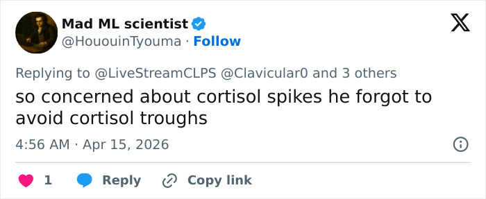 Tweet by user Mad ML scientist mentioning cortisol spikes while replying to a thread related to Looksmaxxer and Clavicular hospitalized incident.