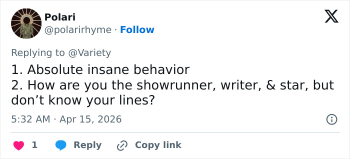 Tweet text discussing Lena Dunham and Adam Driver during Girls TV show, sharing criticism about showrunner behavior and script knowledge.