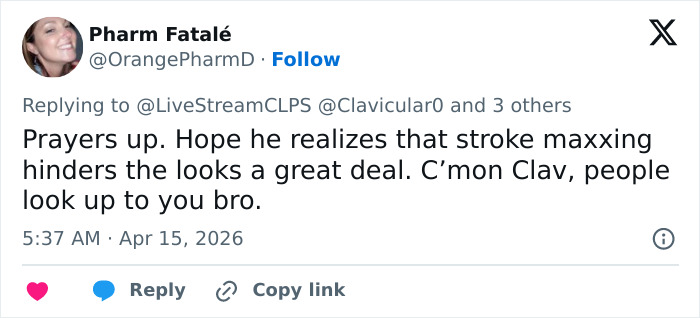 Tweet by Pharm Fatal&eacute; expressing support and mentioning looksmaxxer Clavicular hospitalized after livestream incident.