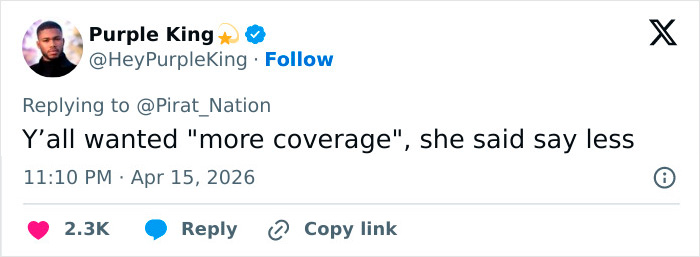 Tweet from esports host Purple King responding to trolls about her revealing outfit, highlighting her clever coverage comment. Tweet from esports host Purple King responding to trolls about her revealing outfit, highlighting her clever coverage comment.