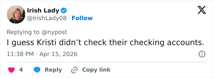 Screenshot of a tweet referencing Kristi and Bryon Noem’s $2.6 million debt scandal and luxury spending concerns.