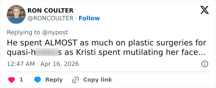 Tweet by Ron Coulter discussing luxury spending on plastic surgeries amid Kristi and Bryon Noem’s $2.6 million debt scandal.