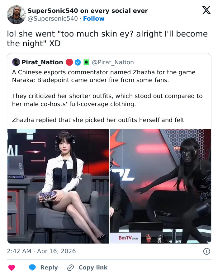 Esports host Zhazha responds to trolls criticizing her revealing outfit during Naraka: Bladepoint coverage. Esports host Zhazha responds to trolls criticizing her revealing outfit during Naraka: Bladepoint coverage.