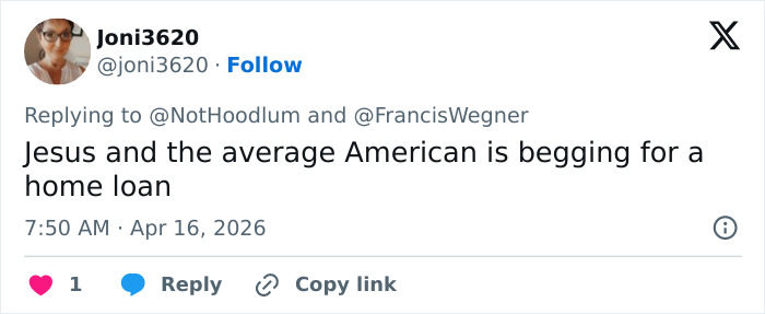 Screenshot of a tweet by Joni3620 commenting on Americans struggling for home loans amid the Noem debt scandal.