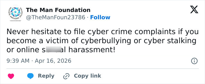 Tweet from The Man Foundation advising victims of cyberbullying or online harassment to file cyber crime complaints. Tweet from The Man Foundation advising victims of cyberbullying or online harassment to file cyber crime complaints.