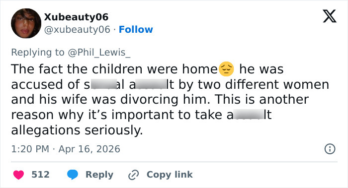 Tweet discussing serious allegations against ex-Virginia Lt. Governor Justin Fairfax amid family and legal issues.