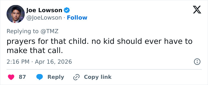 Tweet by Joe Lowson expressing concern for a child related to holes in her shirt case involving Justin Fairfax.