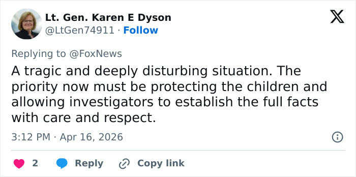 Tweet from Lt. Gen. Karen E Dyson discussing disturbing details in the Justin Fairfax case involving holes in her shirt.