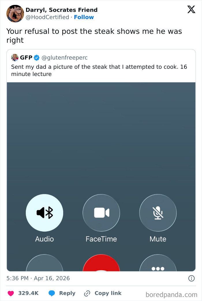 A funny tweet about a dad giving a 16-minute lecture over a poorly cooked steak, inspiring hilarious tweets.