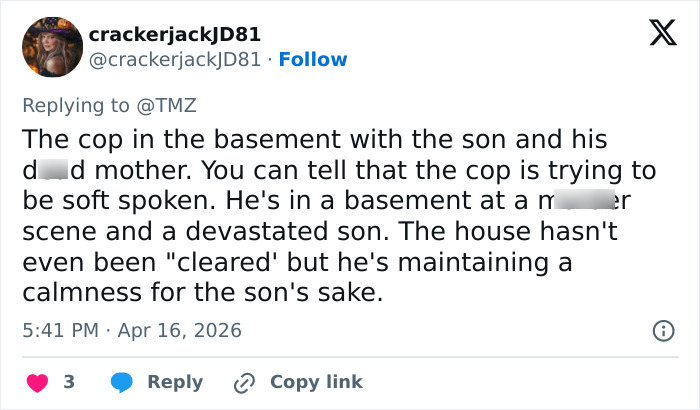 Screenshot of a Twitter reply discussing a cop&rsquo;s calm behavior in a basement related to the Justin Fairfax shirt case.