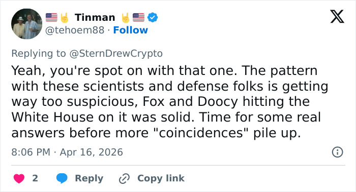 Tweet discussing the suspicious pattern of missing or deceased scientists, calling for real answers and cautioning about coincidences.