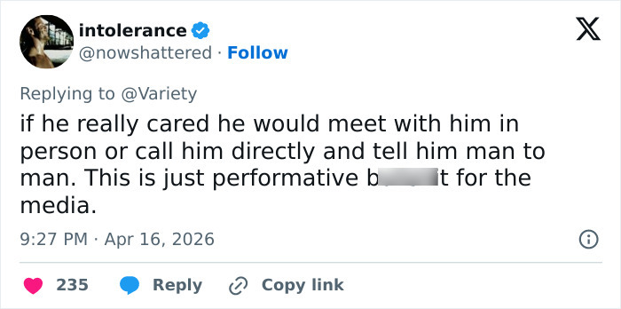 Tweet criticizing Bryan Cranston’s brutal and direct remarks on Shia LaBeouf, sparking fan reactions and disbelief online.