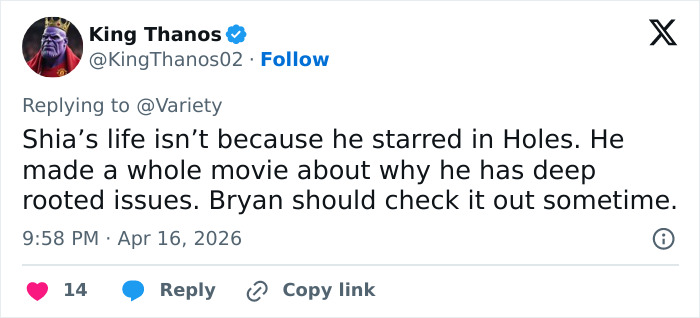 Tweet screenshot discussing Bryan Cranston’s brutal and direct remarks on Shia LaBeouf, sparking fan reactions online.