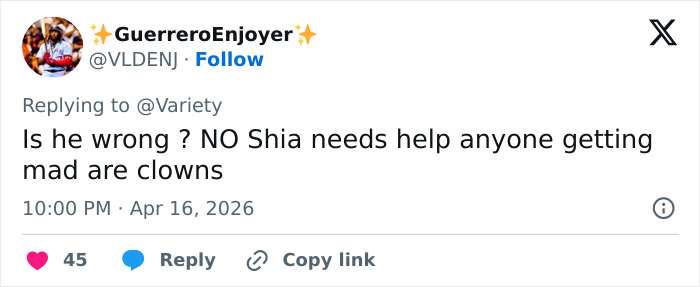 Screenshot of a social media reply reacting to Bryan Cranston’s brutal and direct remarks on Shia LaBeouf.