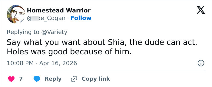 Tweet praising Shia LaBeouf’s acting, shared in discussion about Bryan Cranston’s brutal and direct remarks.