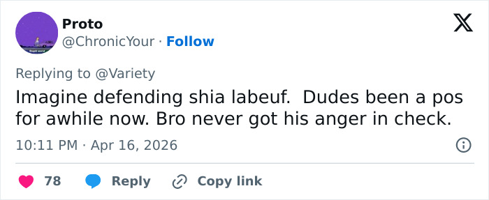 Tweet criticizing Shia LaBeouf with brutal and direct remarks sparking fan disbelief on social media.