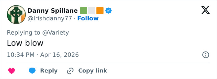 Screenshot of a tweet from Danny Spillane reacting to Bryan Cranston’s brutal and direct remarks on Shia LaBeouf.